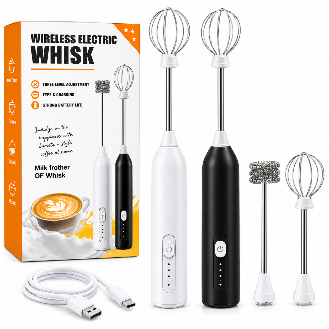 همزن برقی شارژی و کف‌ساز شیر Wireless Electric Whisk دو سری با ۳ سرعت و شارژ Type-C