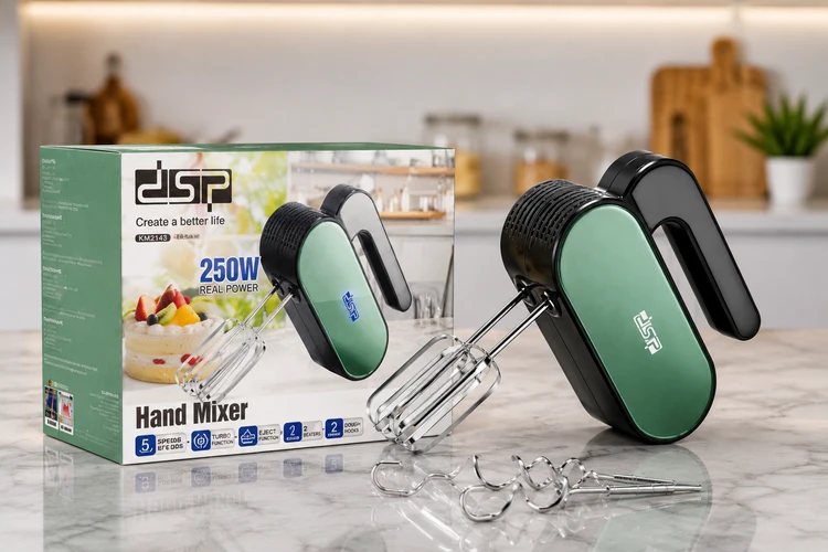 همزن برقی دستی DSP مدل KM2143 توان 250 وات، 5 سرعته با توربو و خمیرزن